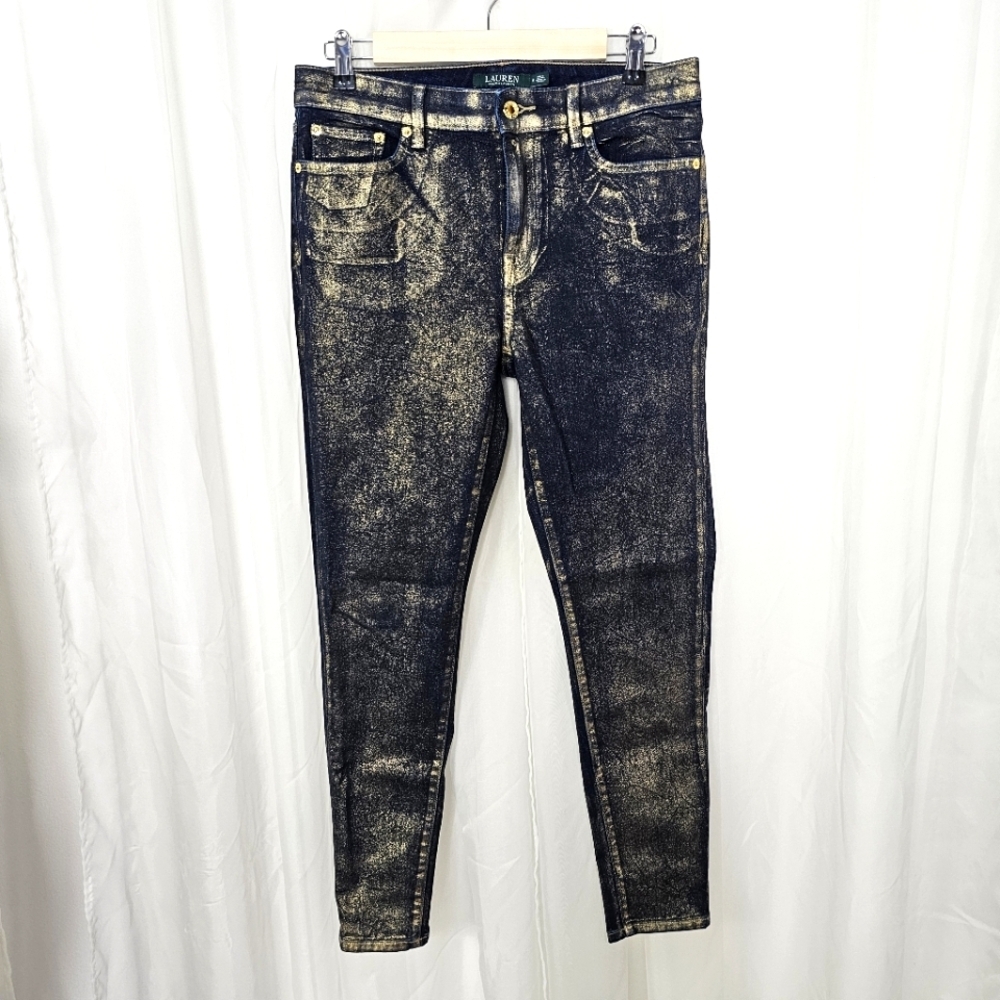 Lauren Ralph Lauren Dark Wash Denim Jeans With Gold Sparkle High Rise Skinny 8